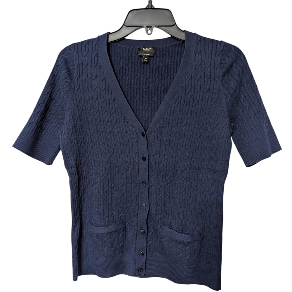 Talbots Navy Blue Cable Knit Short Sleeve Button Down Vneck Cardigan Sweater  MP